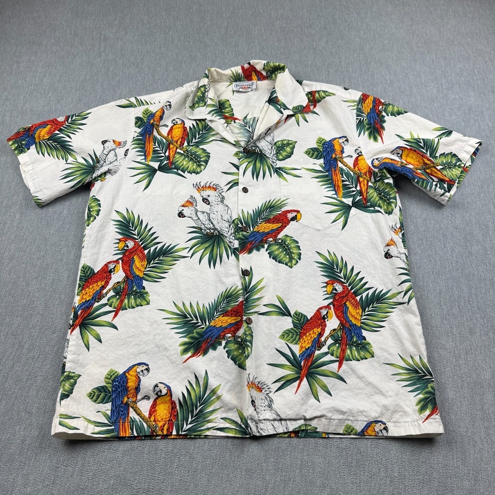 Vintage Pacific Legend Shirt Mens Large White Parrot Hawaiian Camp Made in‎ USA